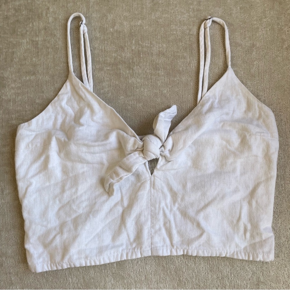 Abercrombie & Fitch White Tie-Front Crop Top Linen Tank with Adjustable Straps